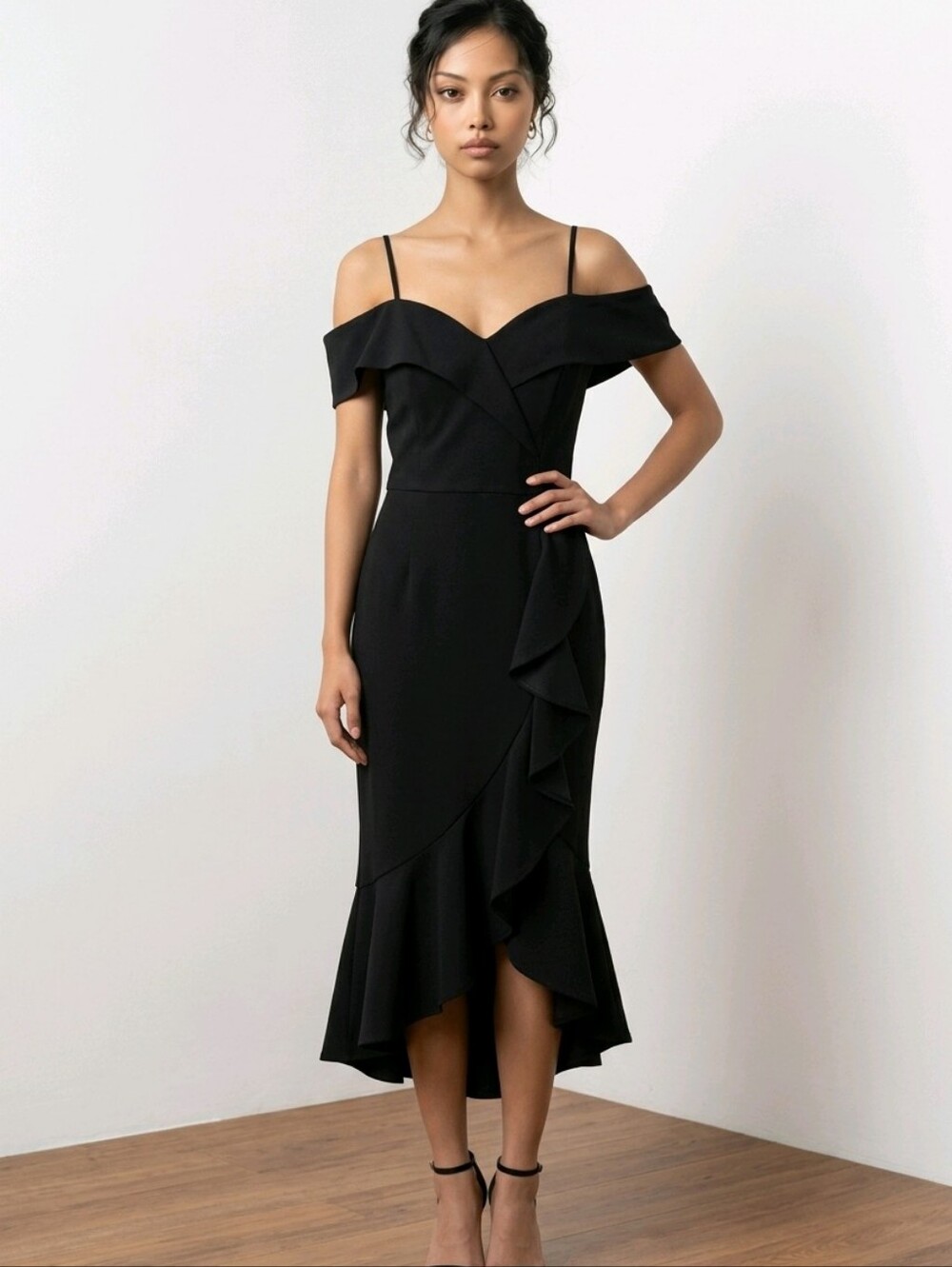 bebe Black Off The Shoulder Ruffle Midi Dress